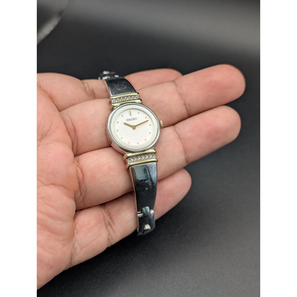 Vintage Seiko Crystal Watch: Two-Tone Cuff Bracelet, Y2K Ladies Jewelry